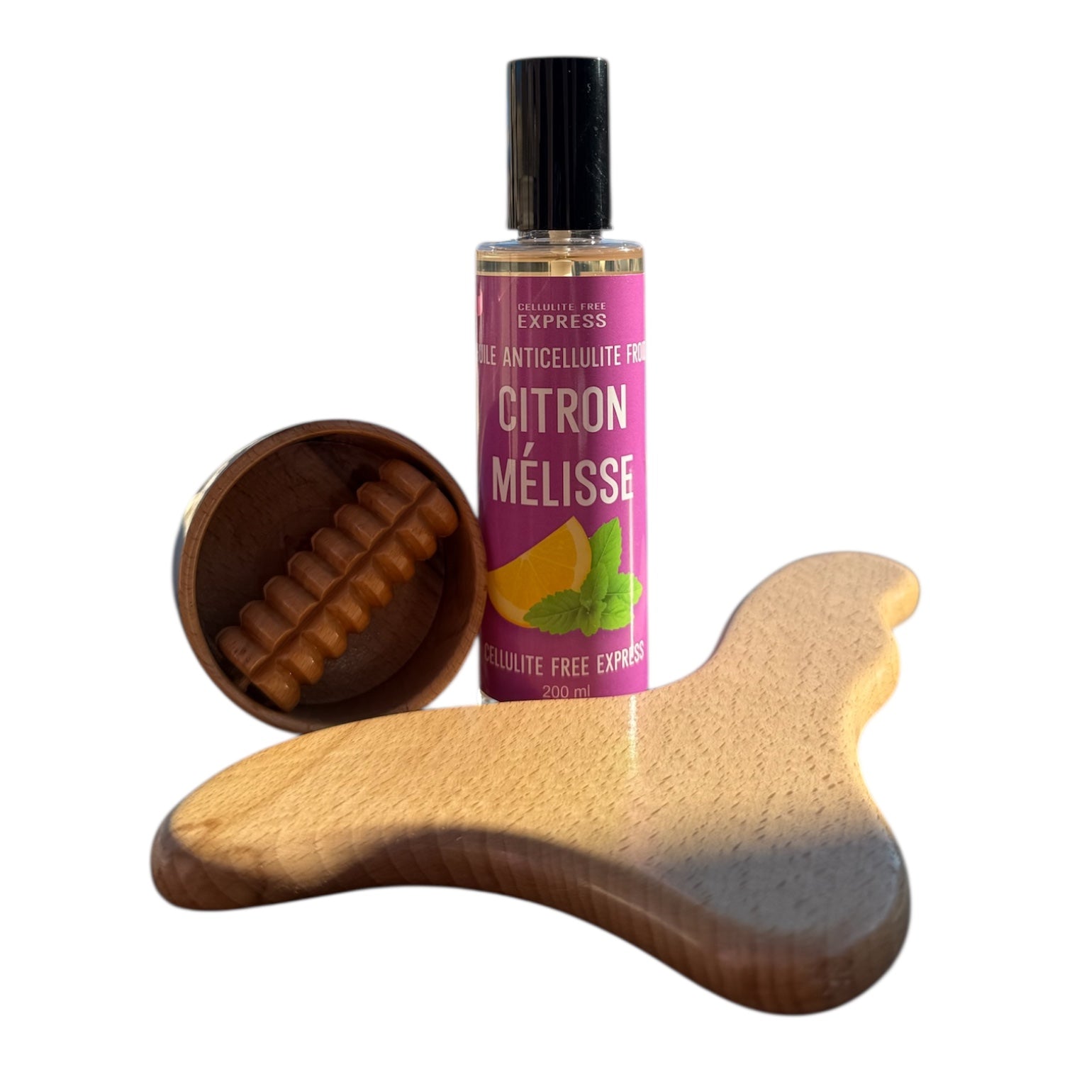PACK ANTI-CELLULITE & ANTI-VERGETURES – EFFET FROID Huile Citron & Mélisse + Ventouse + Planche de Lissage